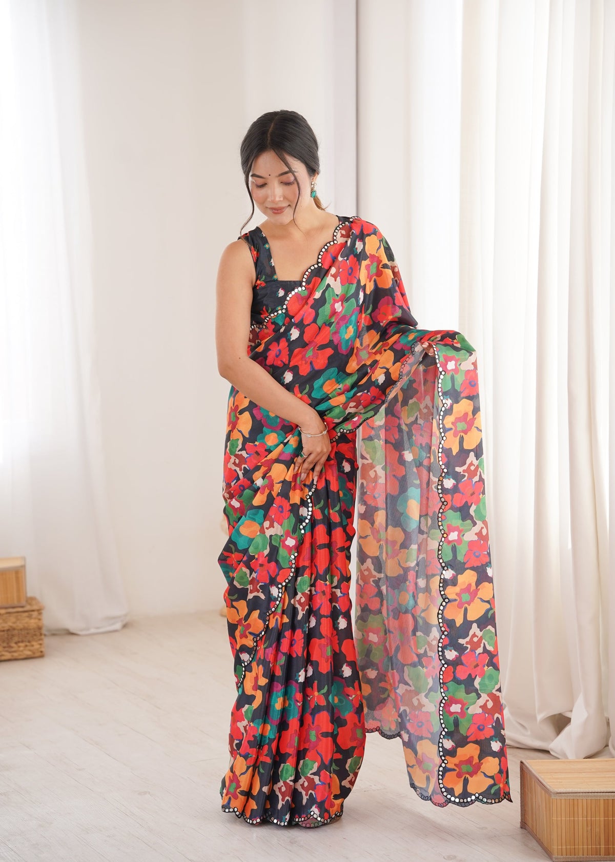 Multicolor Chinon designer saree with digital prints and mirror lace border.