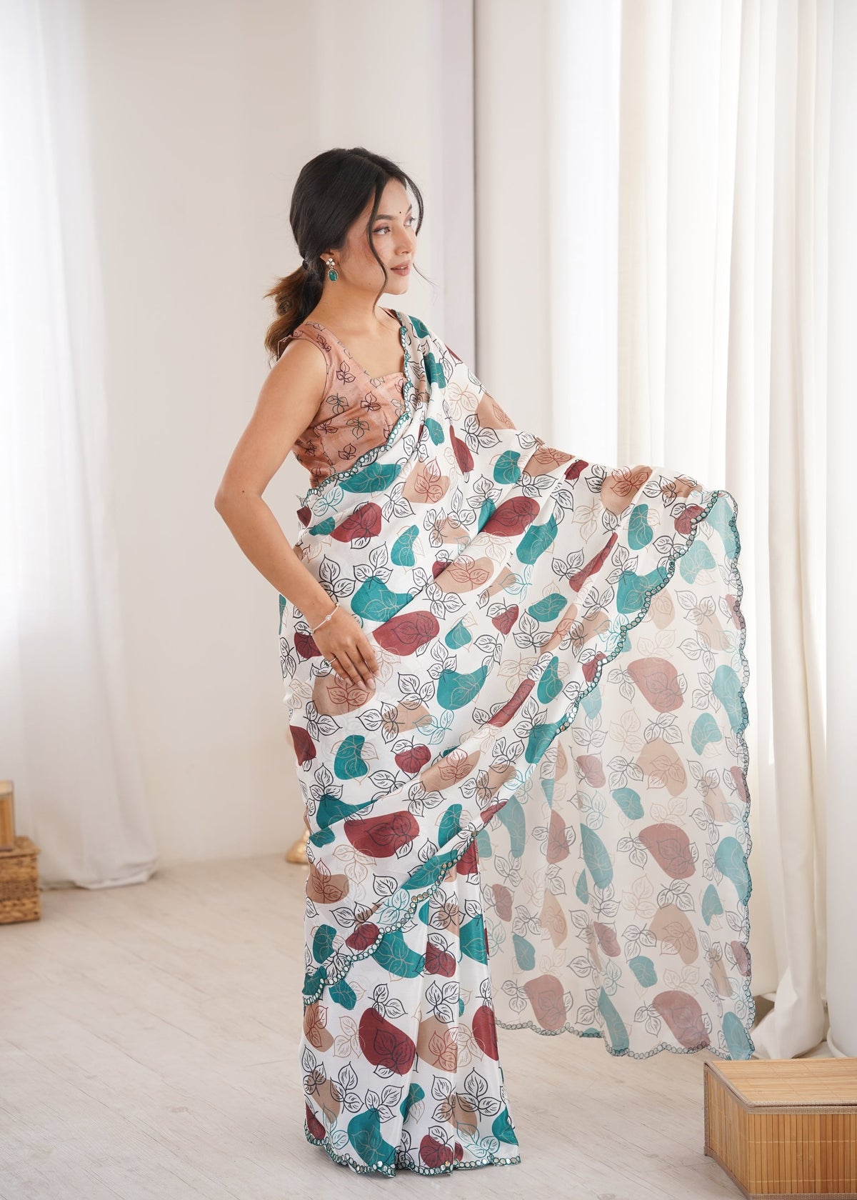 Multicolor Chinon Digital Printed Saree with Mirror Lace Border