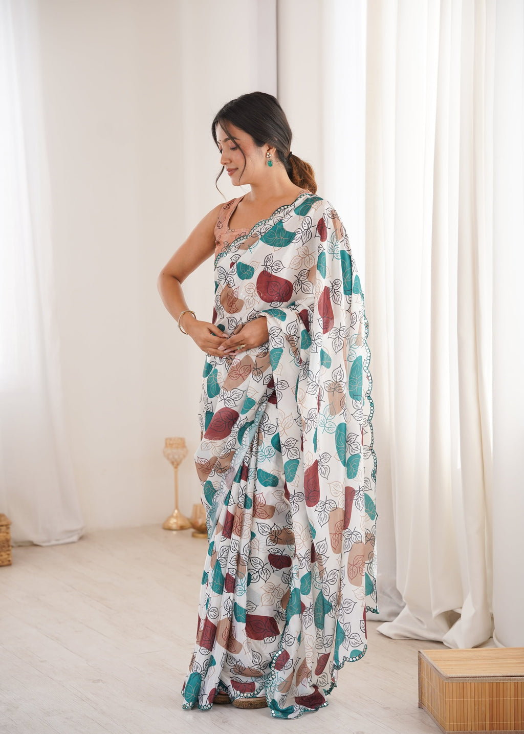 Multicolor Chinon Digital Printed Saree with Mirror Lace Border