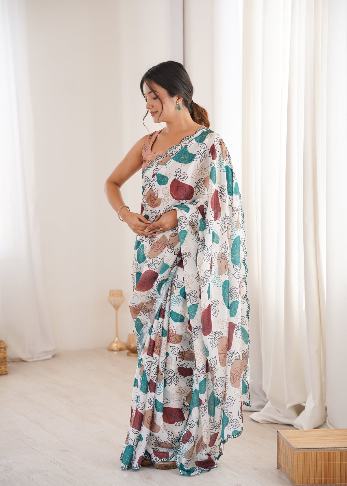 Multicolor Chinon Digital Printed Saree with Mirror Lace Border