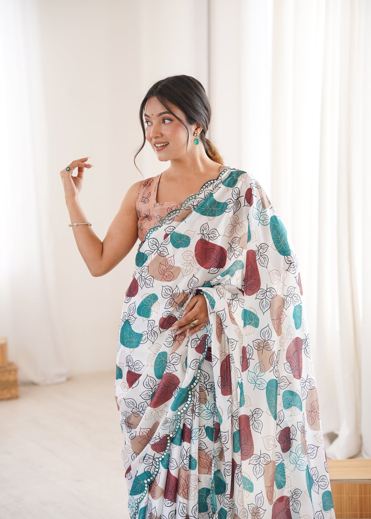 Multicolor Chinon Digital Printed Saree with Mirror Lace Border