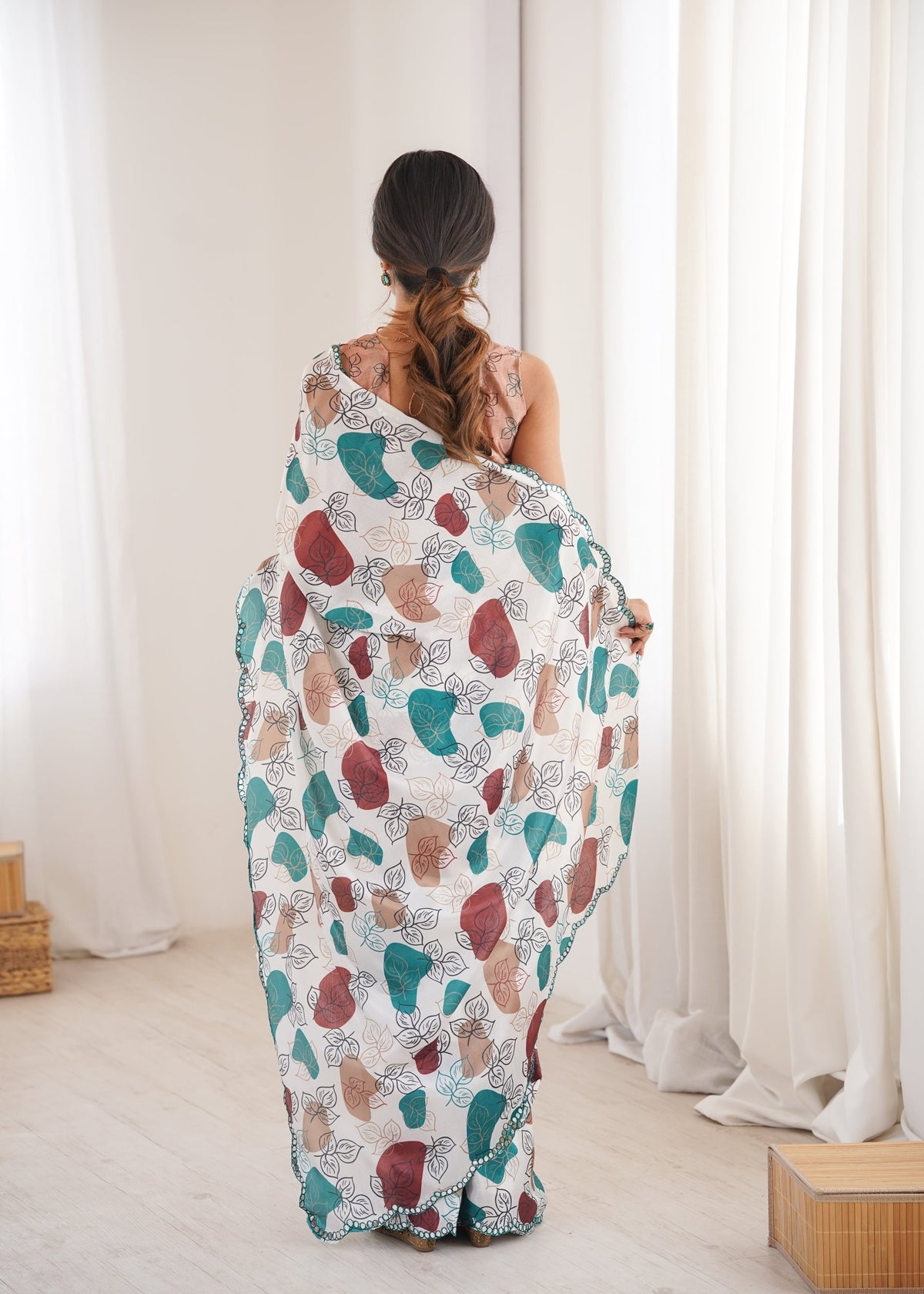 Multicolor Chinon Digital Printed Saree with Mirror Lace Border