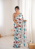 Vibrant multicolor digital print Chinon saree with mirror lace detailing.
