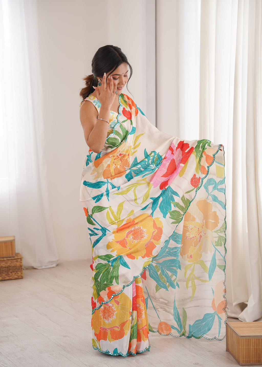 Women's Multicolor Chinon Digital Printed Designer Saree