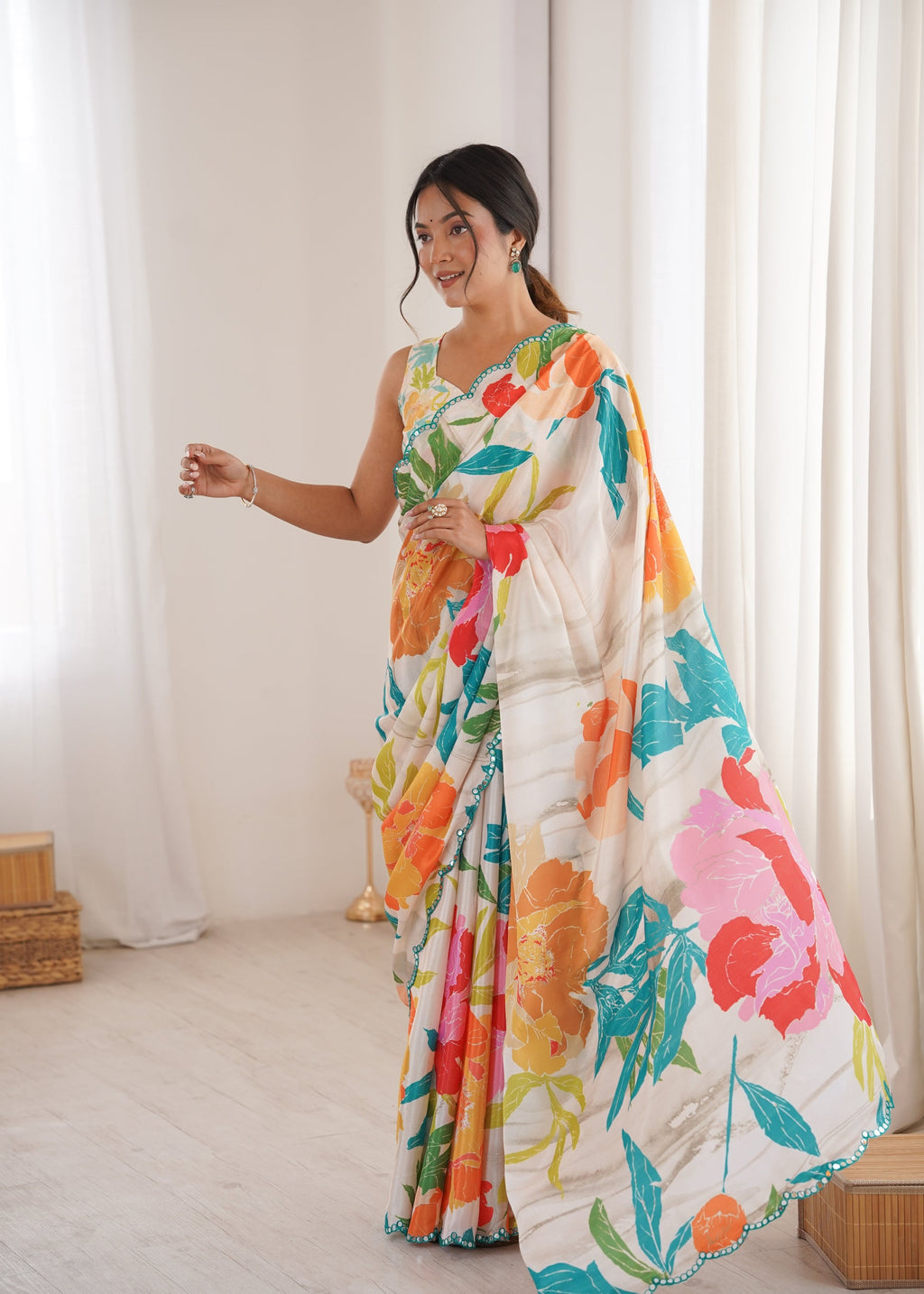 Women's Multicolor Chinon Digital Printed Designer Saree