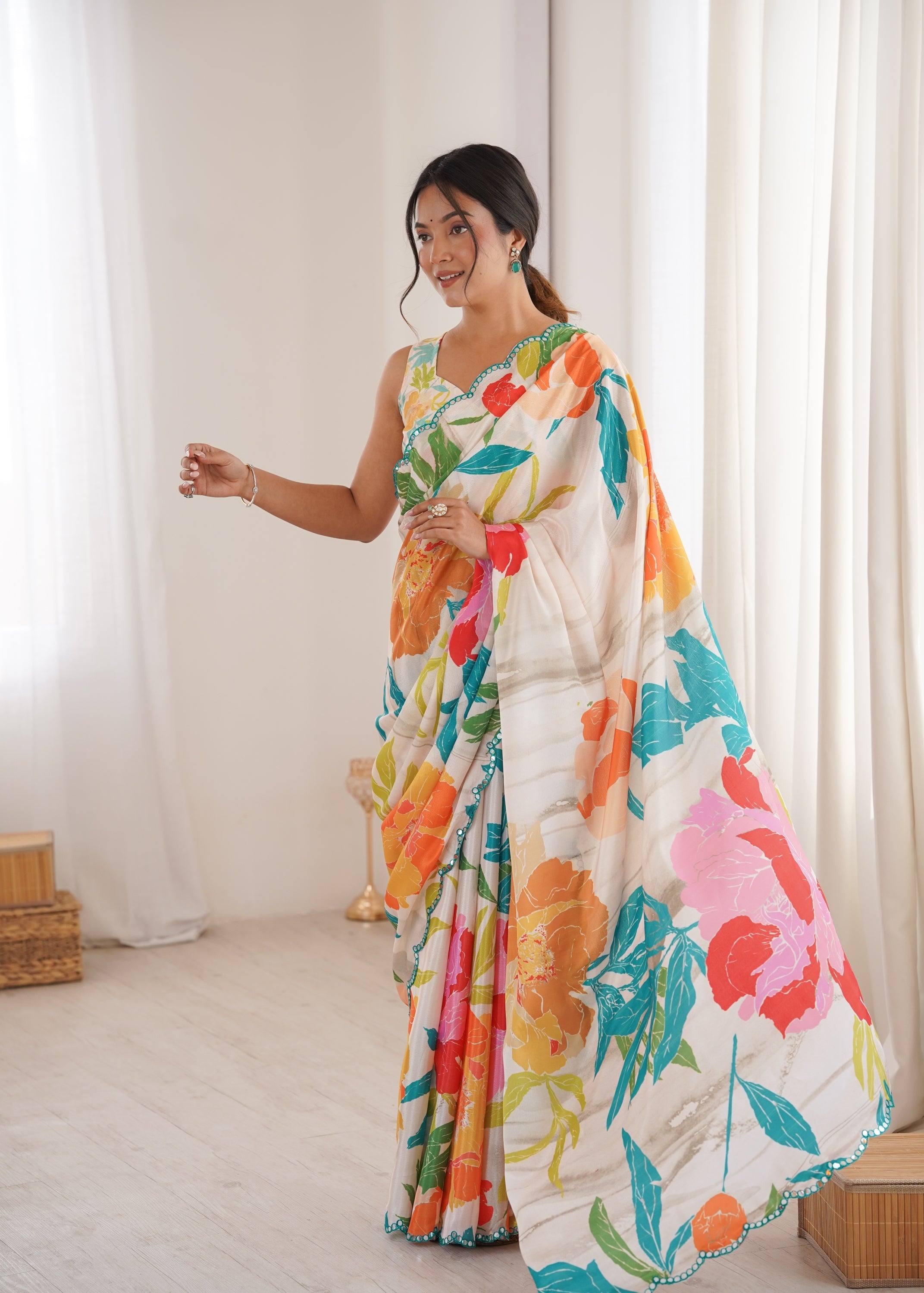 Women's Multicolor Chinon Digital Printed Designer Saree