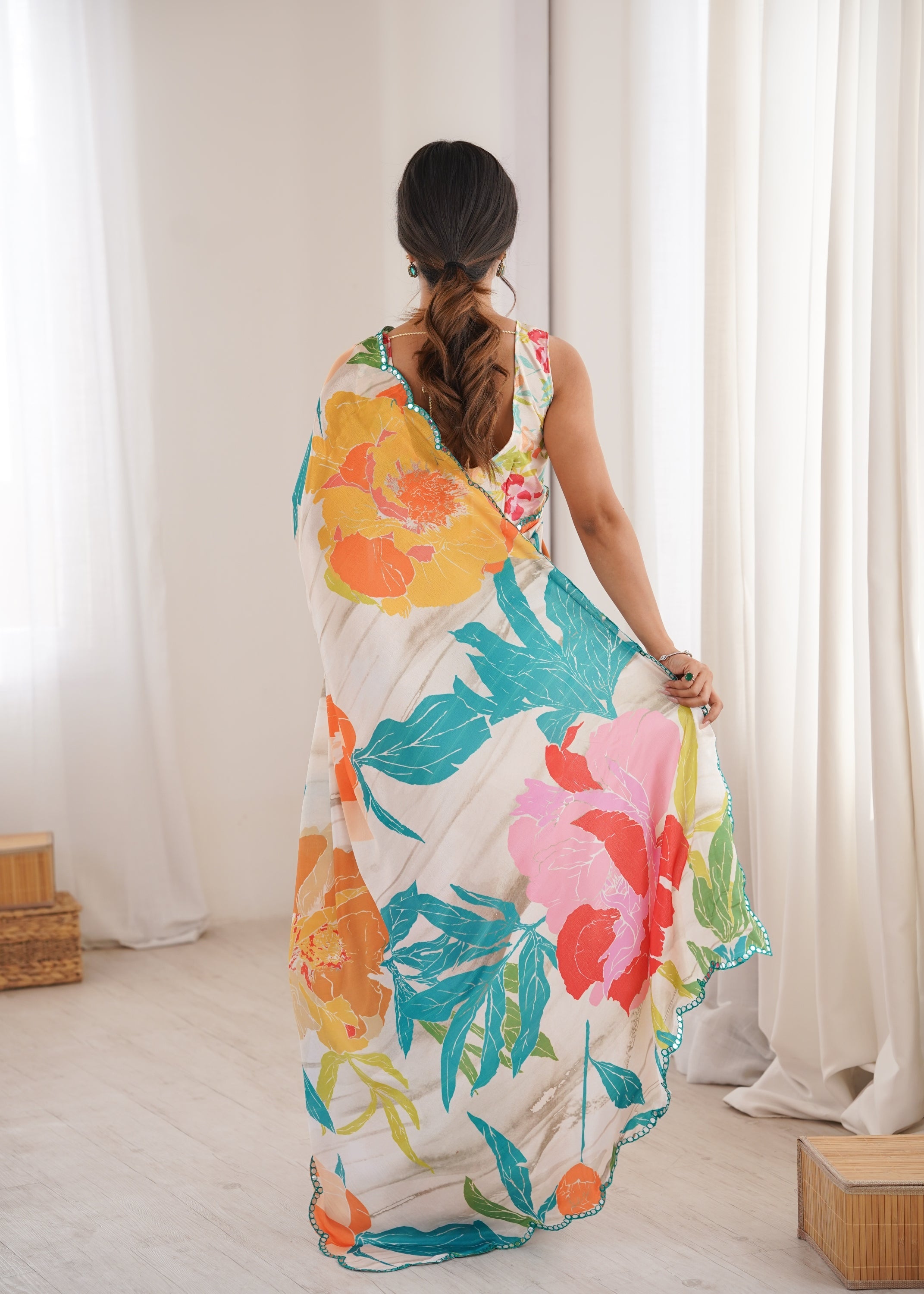 Women's Multicolor Chinon Digital Printed Designer Saree
