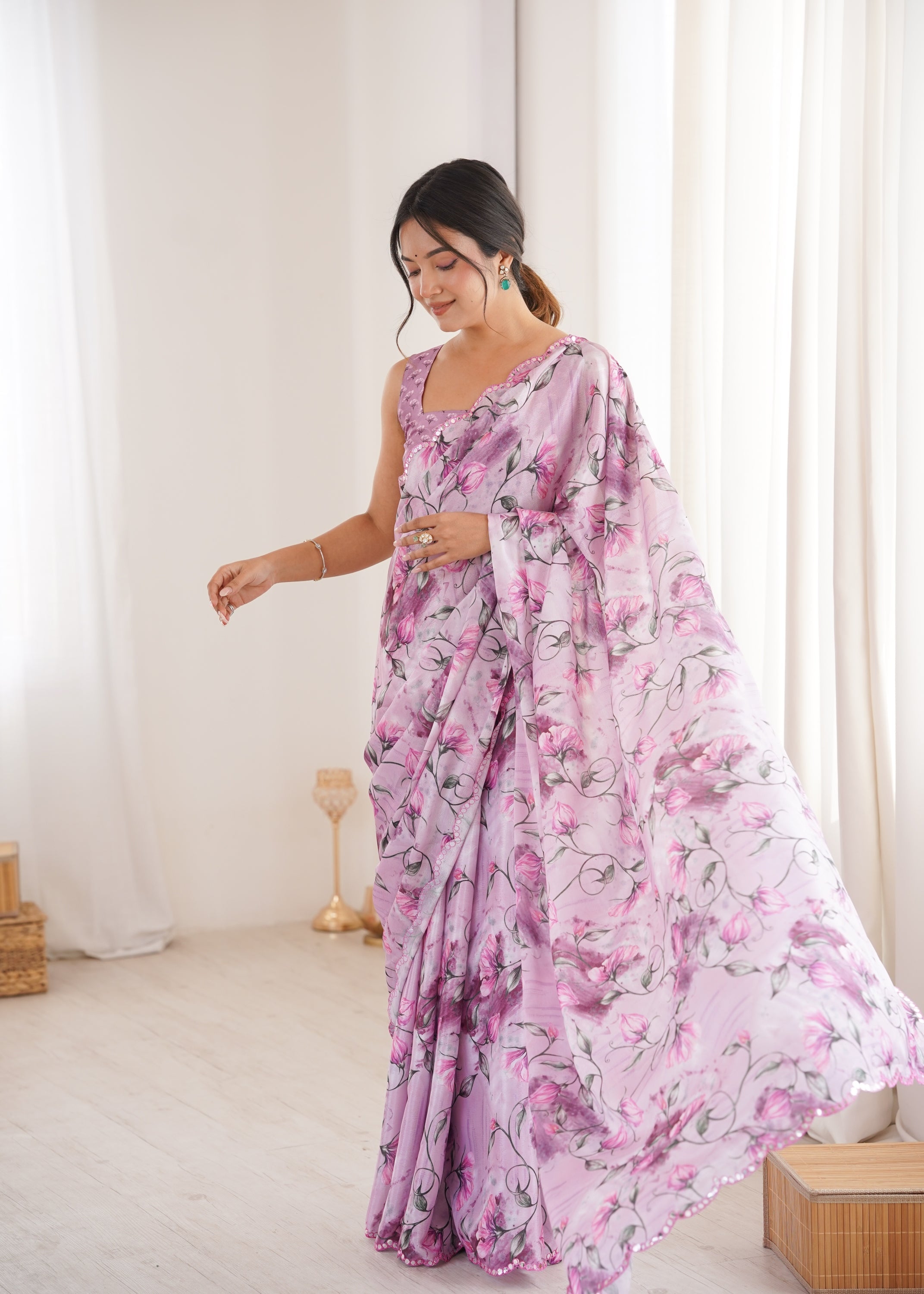 Women's Purple Chinon Digital Printed Saree with Mirror Lace Border