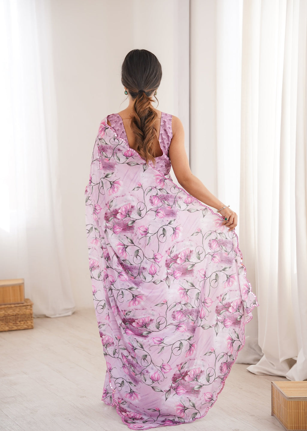 Women's Purple Chinon Digital Printed Saree with Mirror Lace Border