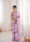 Elegant purple Chinon saree with digital floral print and detailed mirror lace border.