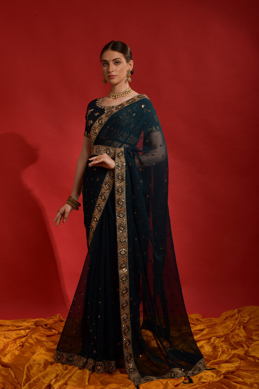 Morpich Georgette Saree with Sequence Coding Embroidery and Blouse
