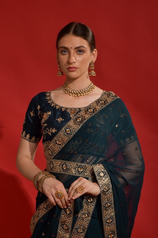 Morpich Georgette Saree with Sequence Coding Embroidery and Blouse