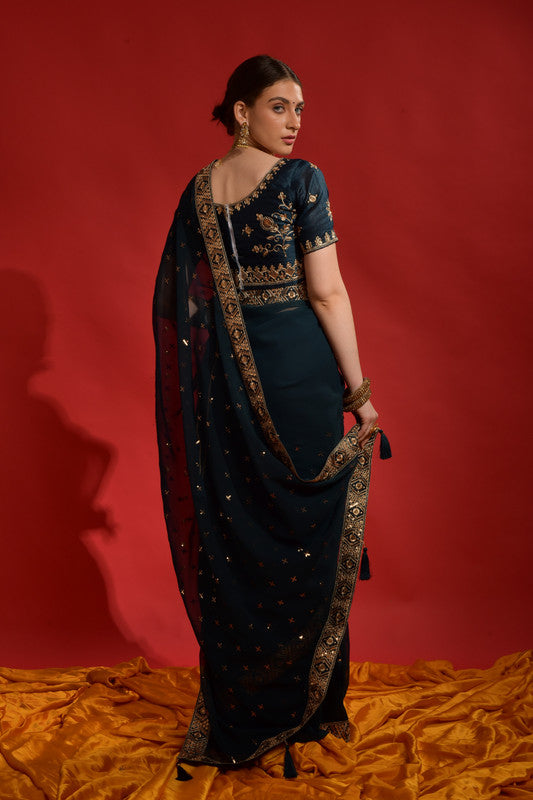 Morpich Georgette Saree with Sequence Coding Embroidery and Blouse