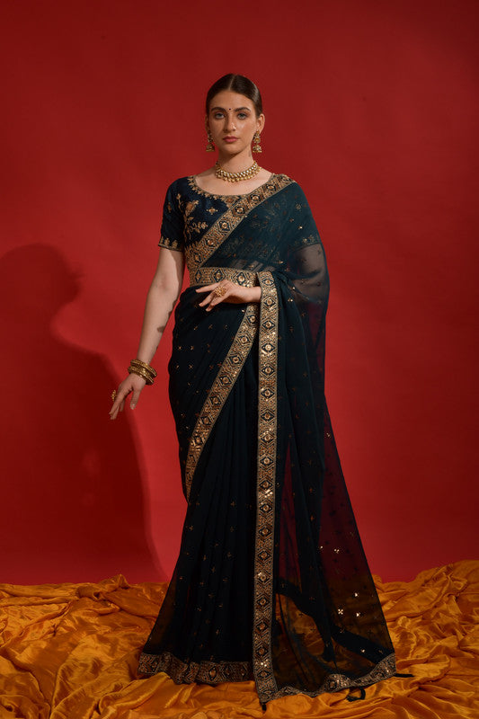 Morpich colored georgette saree with sequence coding embroidery and matching blouse