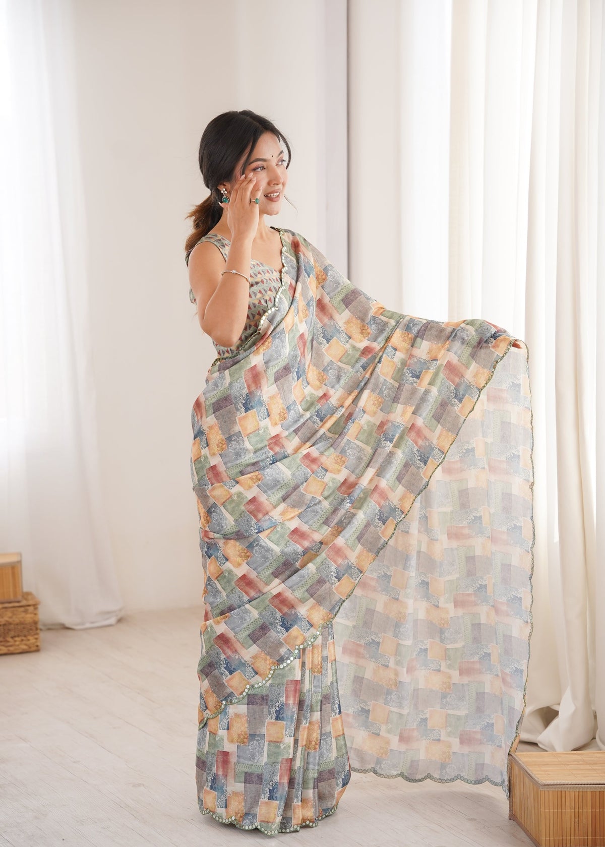 Women's Multicolor Chinon Digital Printed Designer Saree