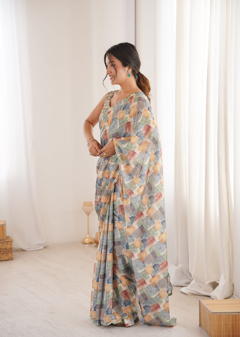 Women's Multicolor Chinon Digital Printed Designer Saree