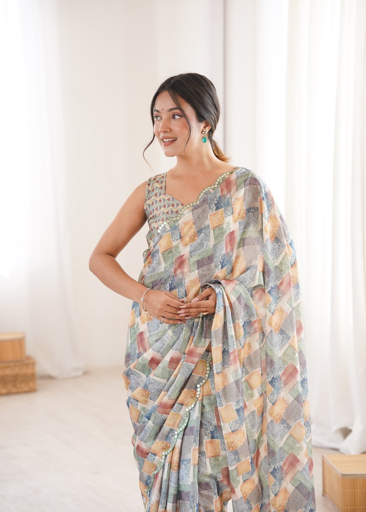 Women's Multicolor Chinon Digital Printed Designer Saree