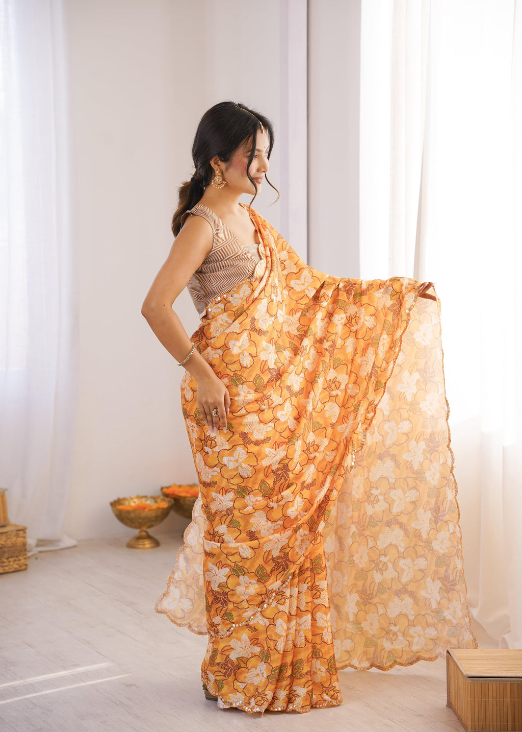 Multicolor Chinon Digital Printed Designer Saree with Mirror Lace
