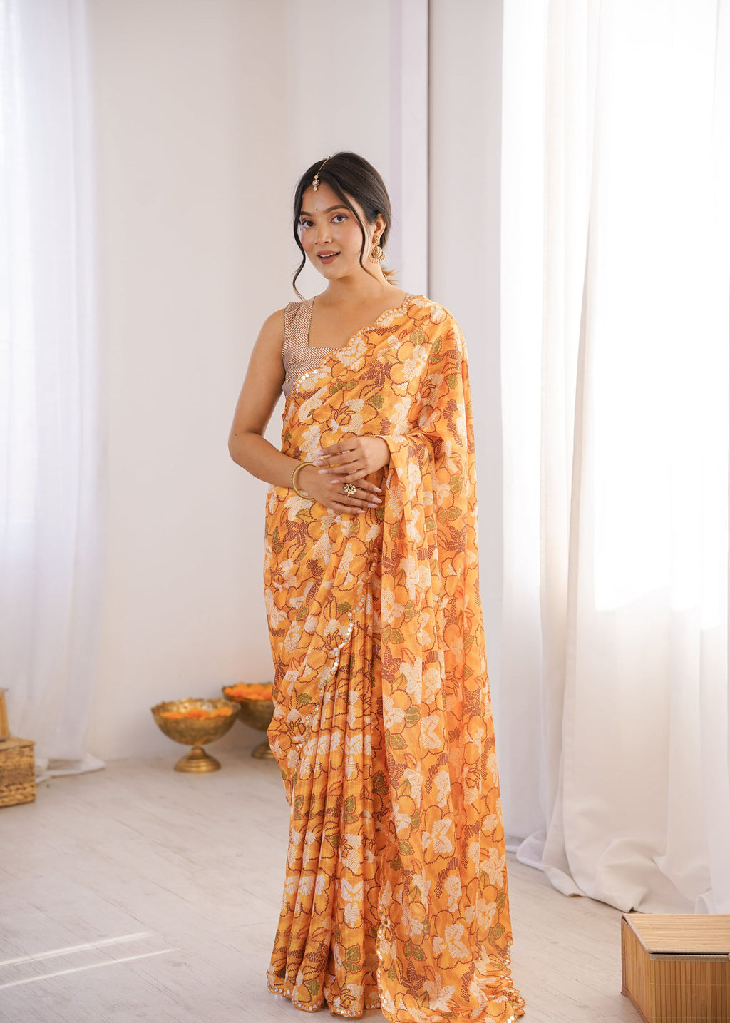 Multicolor Chinon digital printed saree with mirror lace border and matching blouse