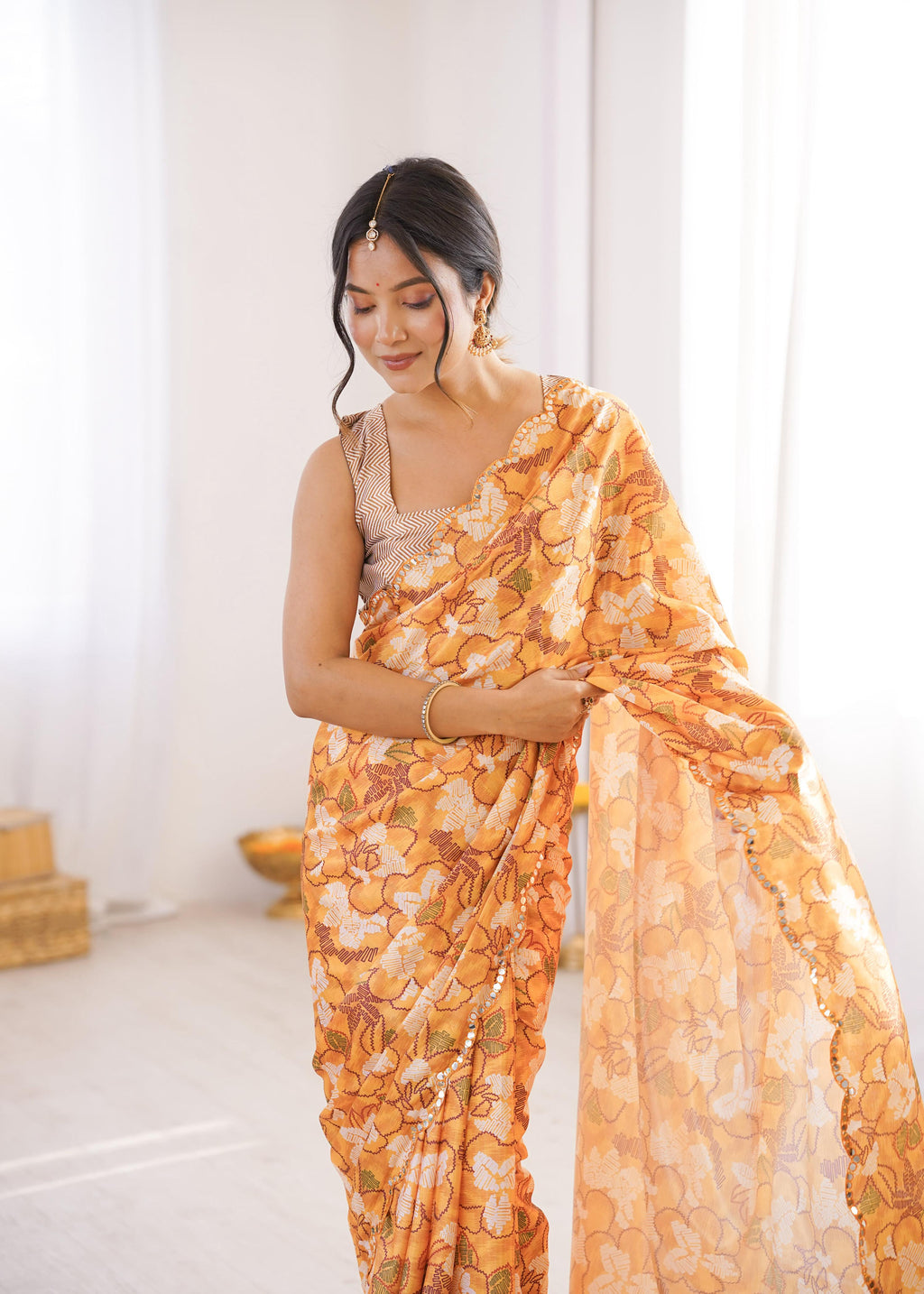 Multicolor Chinon Digital Printed Designer Saree with Mirror Lace