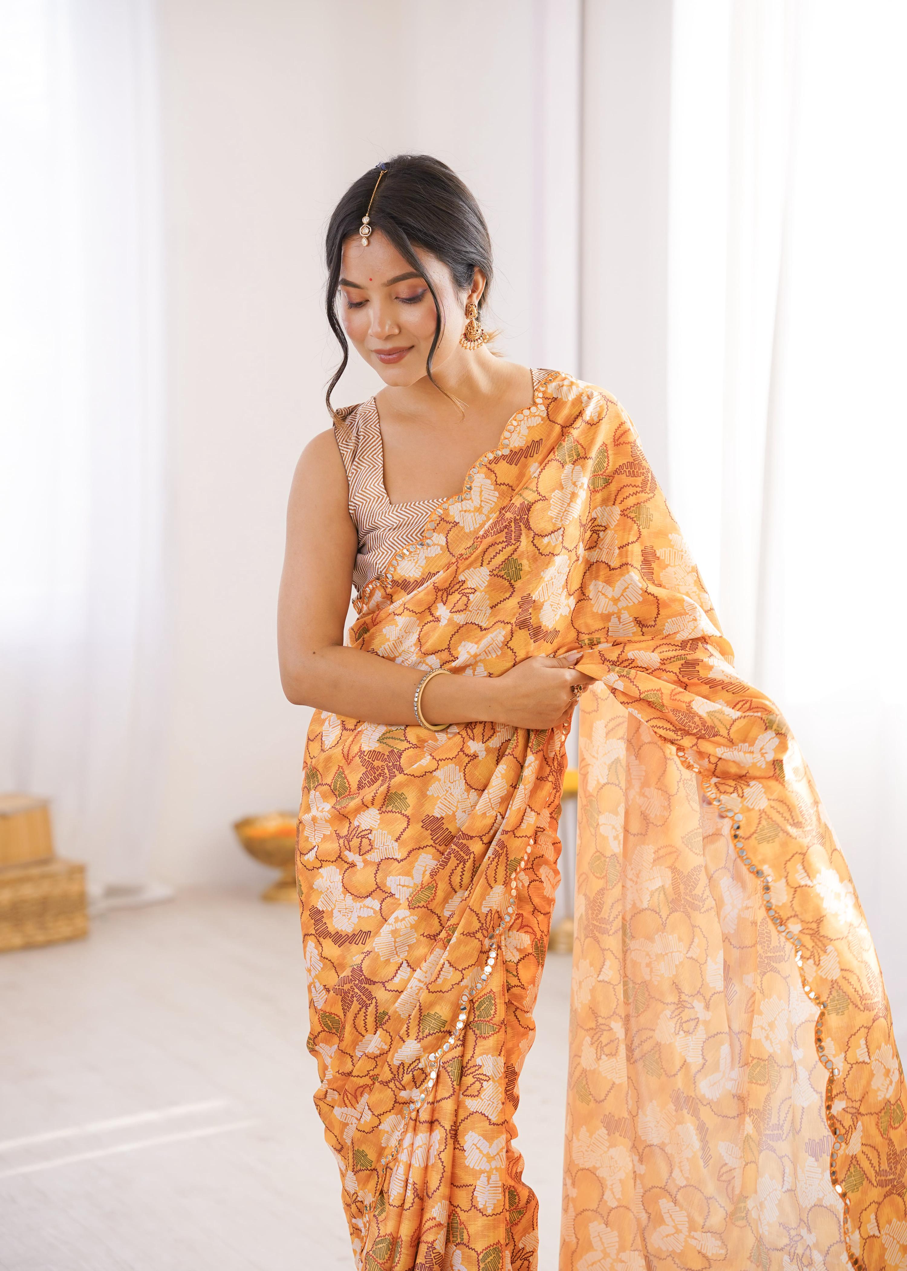 Multicolor Chinon Digital Printed Designer Saree with Mirror Lace