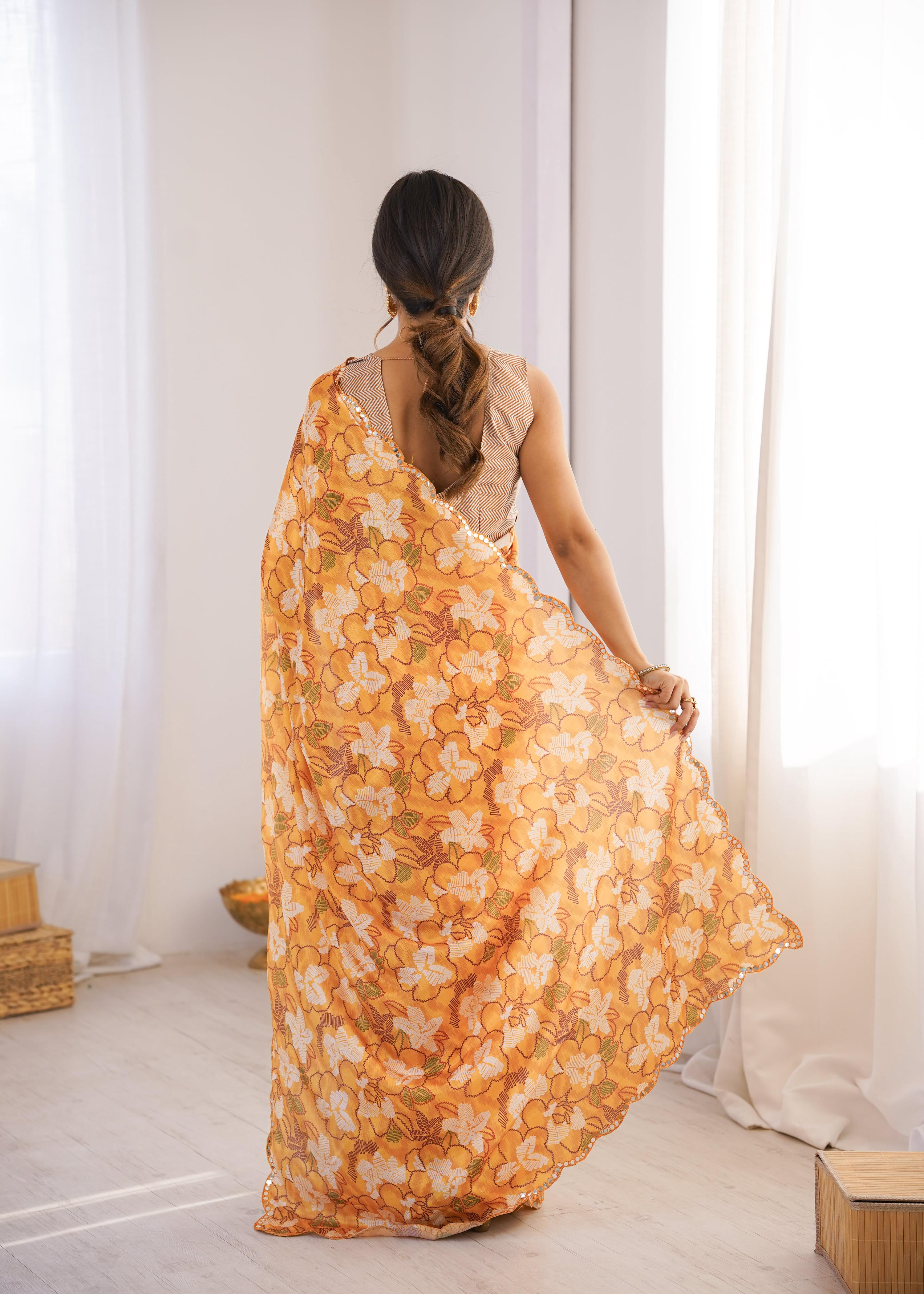 Multicolor Chinon Digital Printed Designer Saree with Mirror Lace