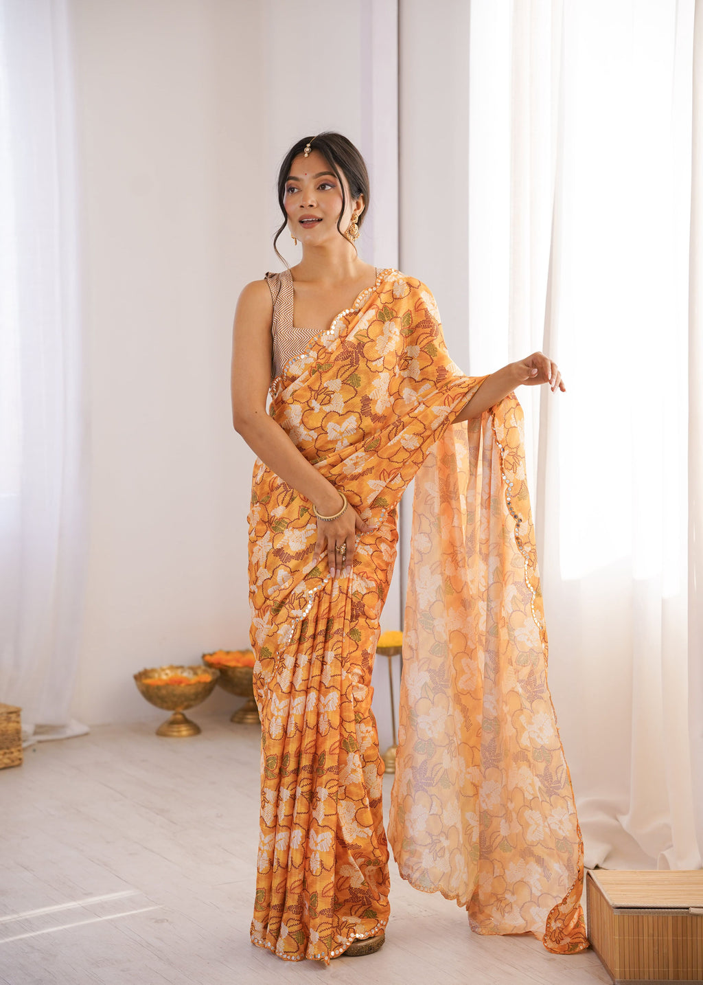 Multicolor Chinon Digital Printed Designer Saree with Mirror Lace