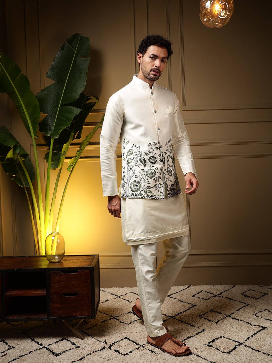 Bottle Green Slub Silk Kurta Set with Sequins Embroidered Koti