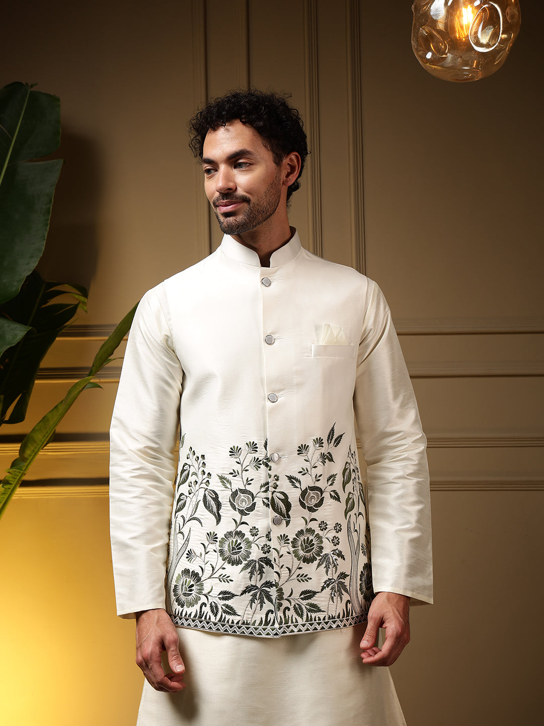Bottle Green Slub Silk Kurta Set with Sequins Embroidered Koti
