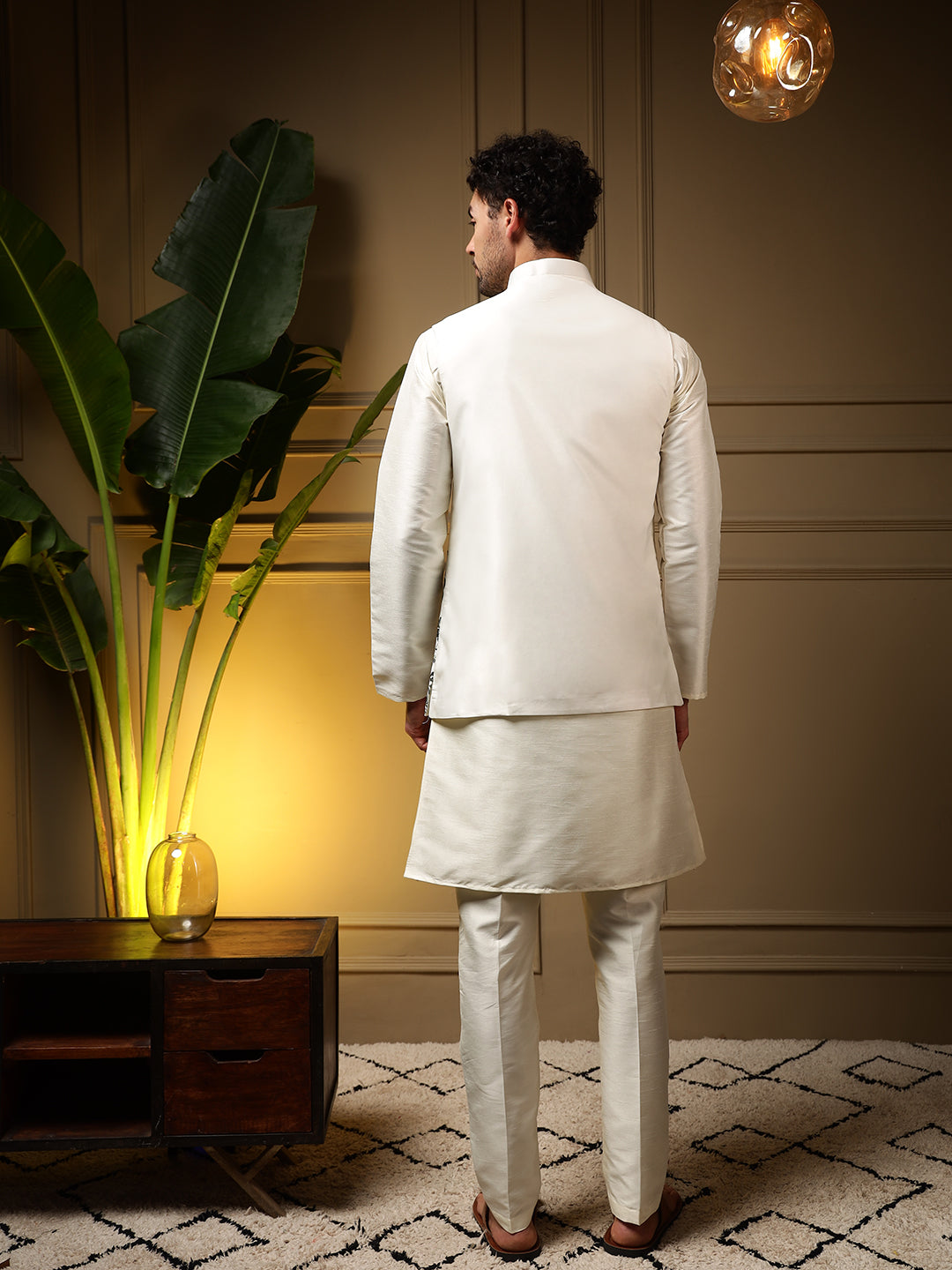 Bottle Green Slub Silk Kurta Set with Sequins Embroidered Koti