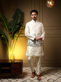 Men wearing a Bottle Green Slub Silk Kurta Set with sequin embroidered koti, side view.