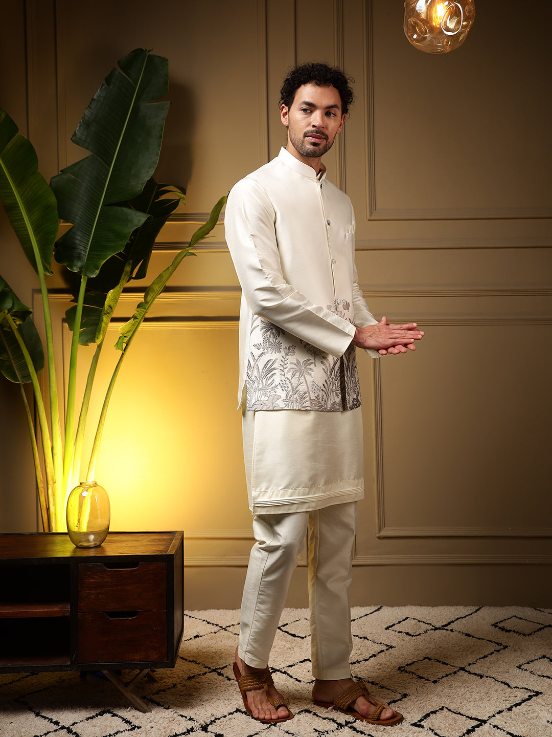 Men's Grey Slub Silk Kurta Set with Embroidered Koti Outfit