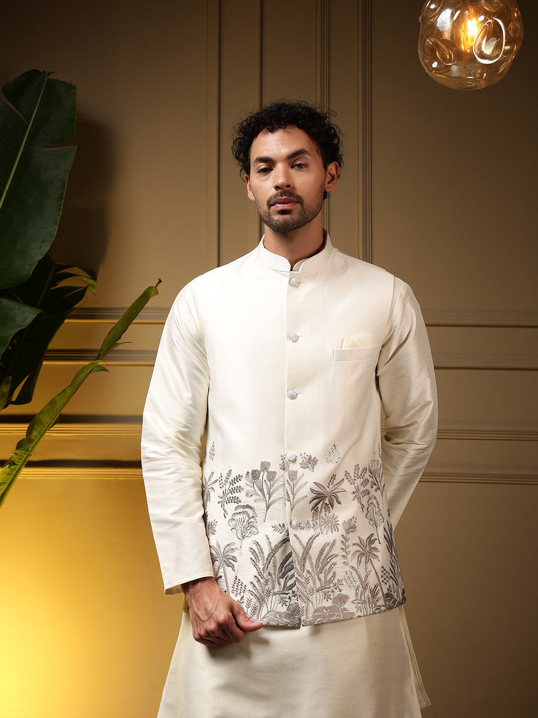 Men's Grey Slub Silk Kurta Set with Embroidered Koti Outfit
