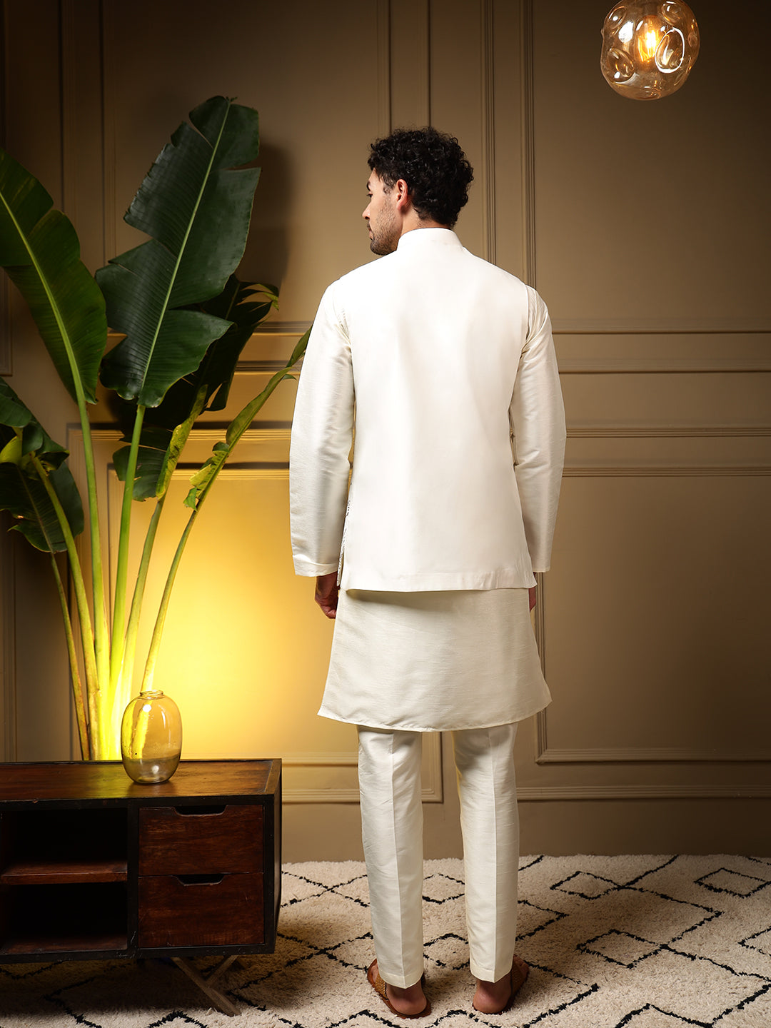Men's Grey Slub Silk Kurta Set with Embroidered Koti Outfit