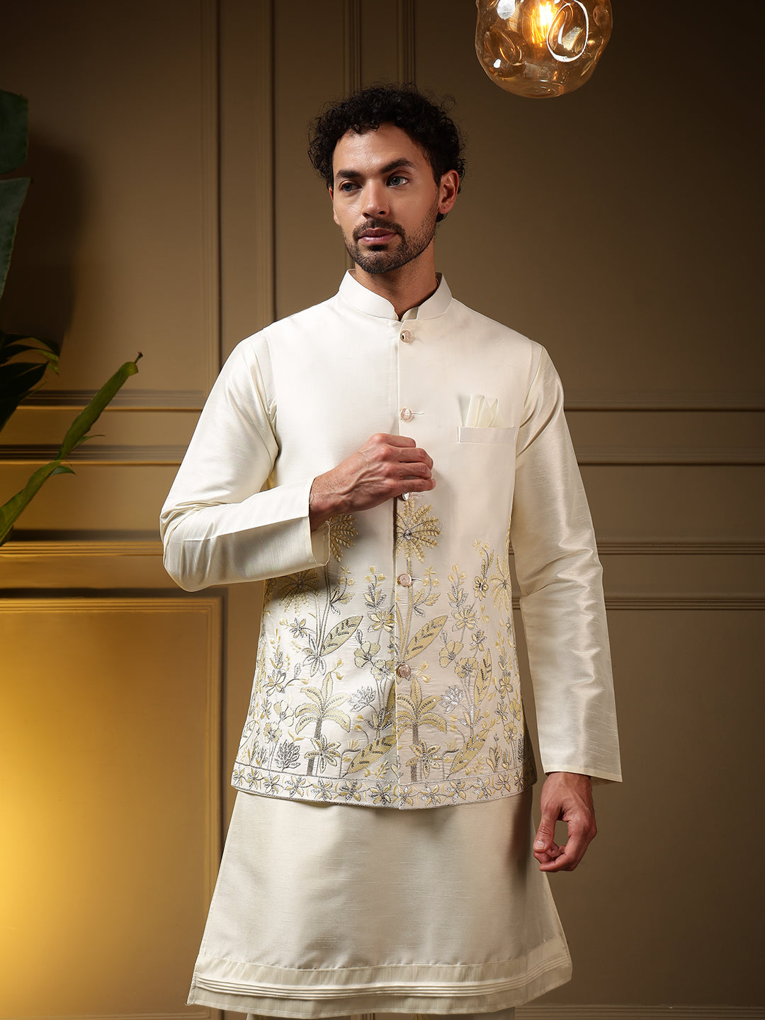 Men's Yellow Slub Silk Kurta Set with Koti and Sequin Embroidery