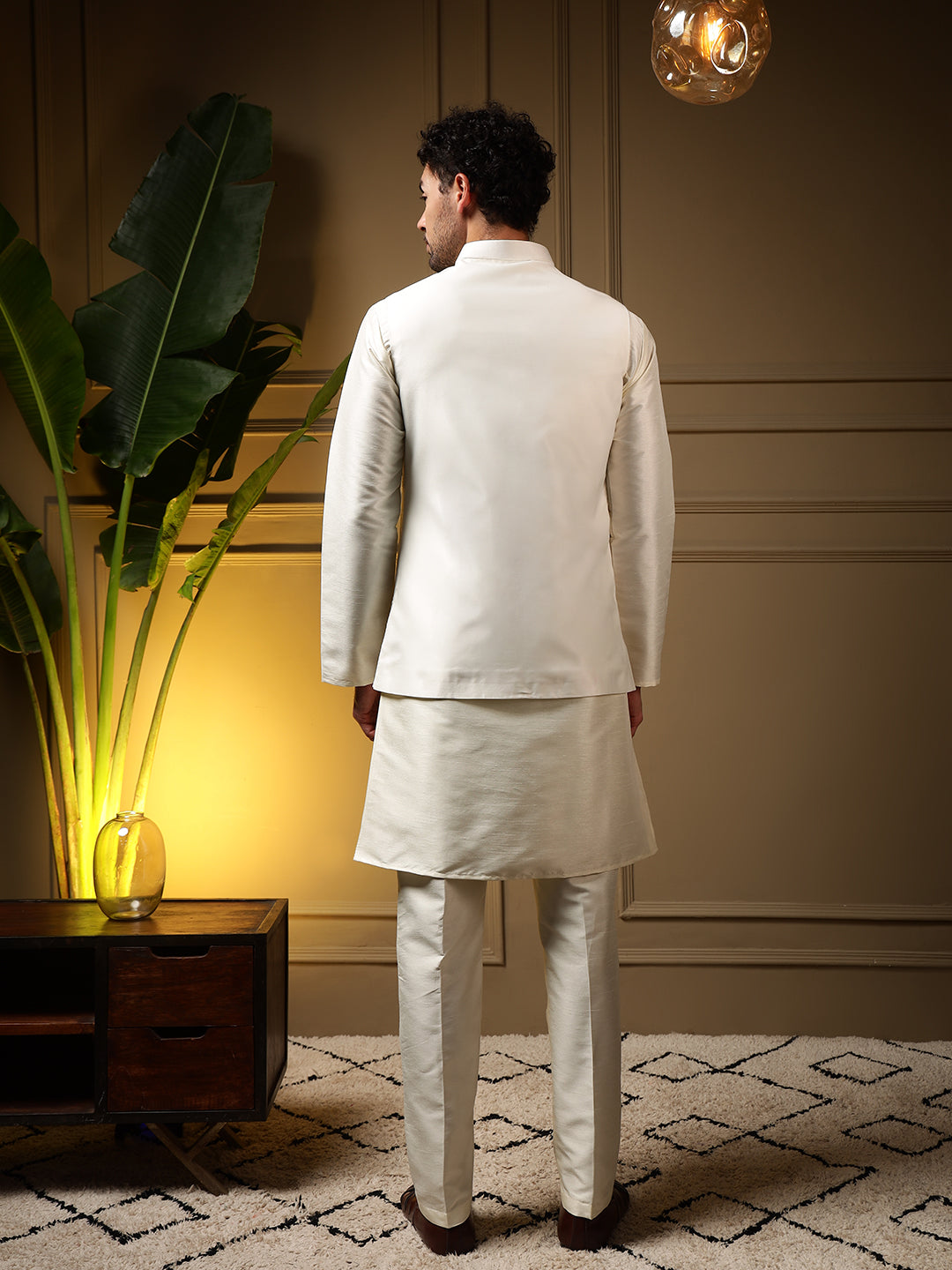 Men's Yellow Slub Silk Kurta Set with Koti and Sequin Embroidery