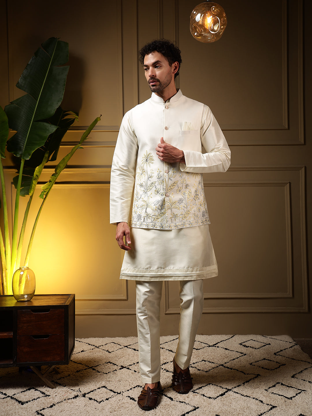 Men's Yellow Slub Silk Kurta Set with Koti and Sequin Embroidery