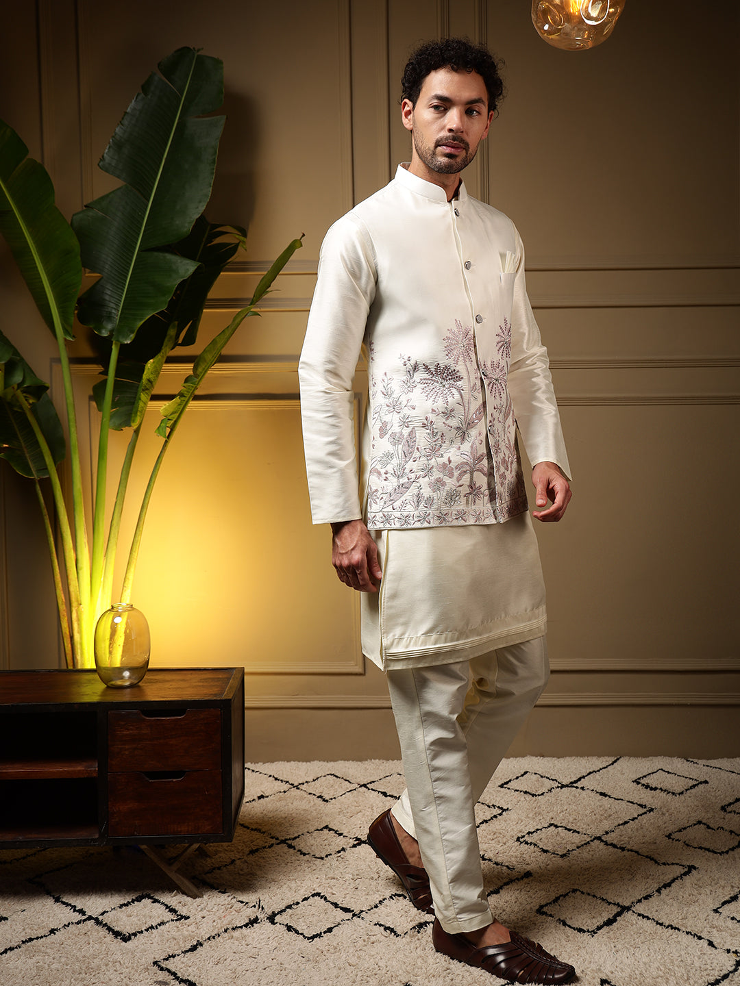 Men's Pink Slub Silk Kurta Set with Embroidered Koti Ready to Wear