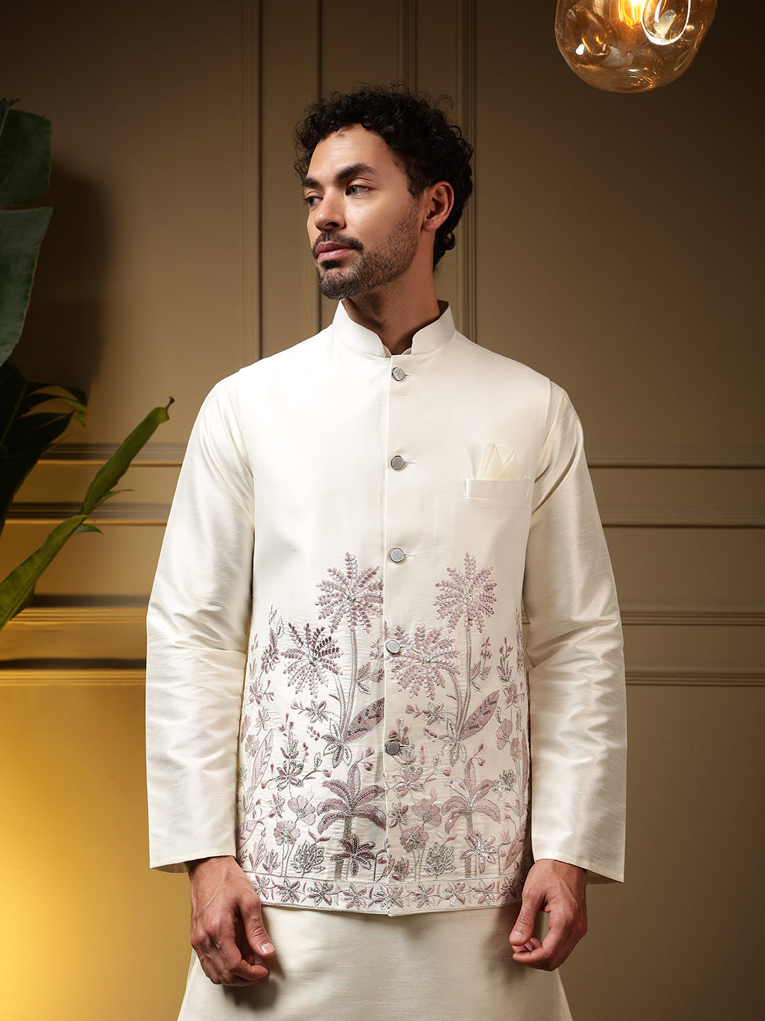 Men's Pink Slub Silk Kurta Set with Embroidered Koti Ready to Wear