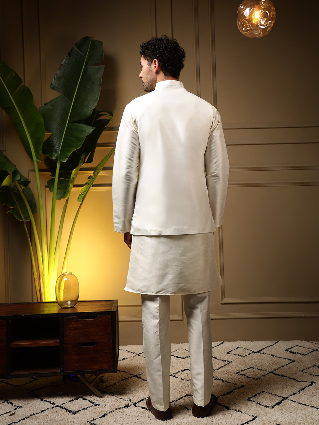 Men's Pink Slub Silk Kurta Set with Embroidered Koti Ready to Wear