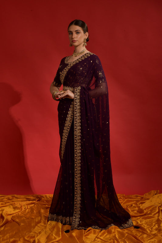 Wine Sequence Coding Embroidery Georgette Saree with Blouse