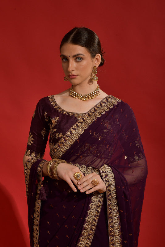 Wine Sequence Coding Embroidery Georgette Saree with Blouse