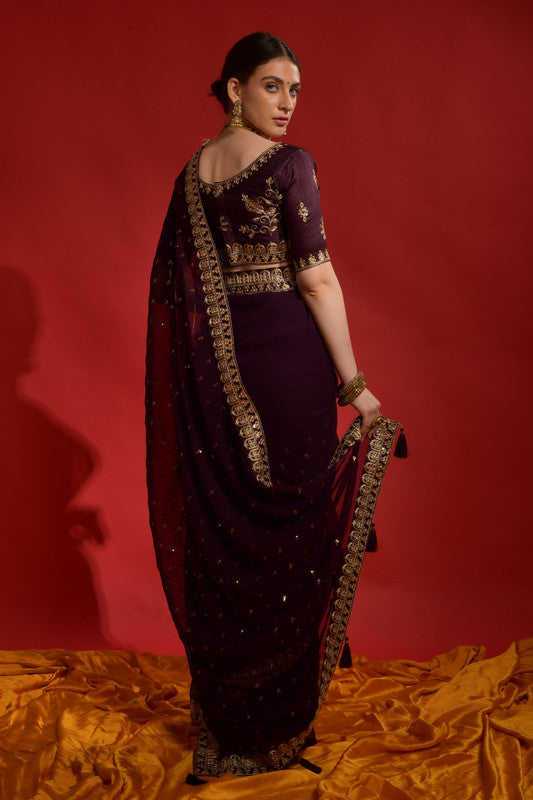 Wine Sequence Coding Embroidery Georgette Saree with Blouse