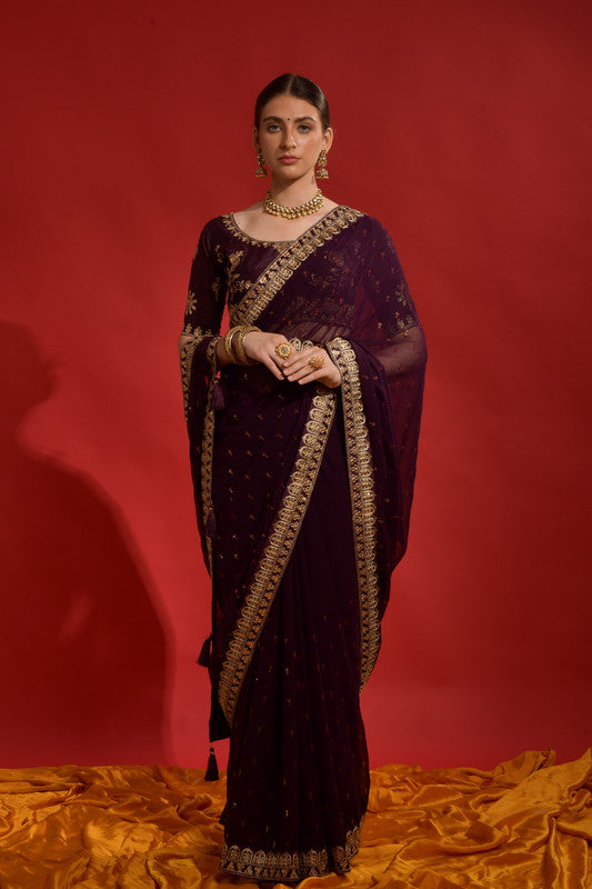 Wine georgette saree with elegant sequence coding embroidery and matching blouse