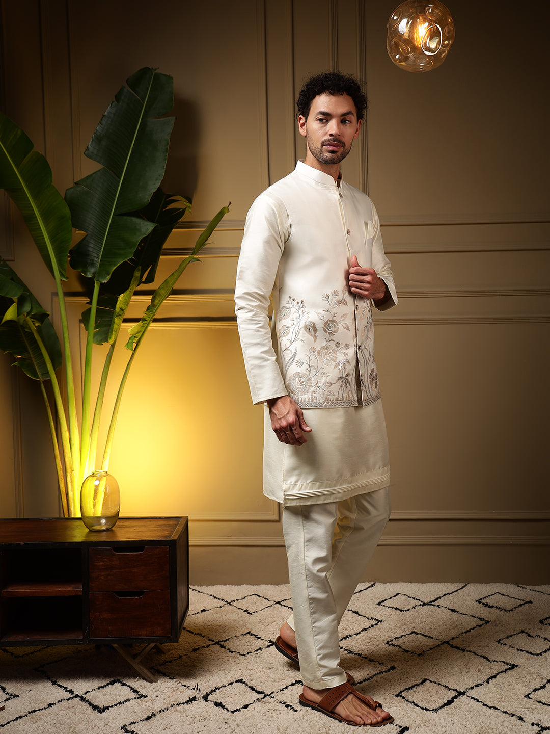 Men's Peach Slub Silk Embroidered Kurta Set with Koti
