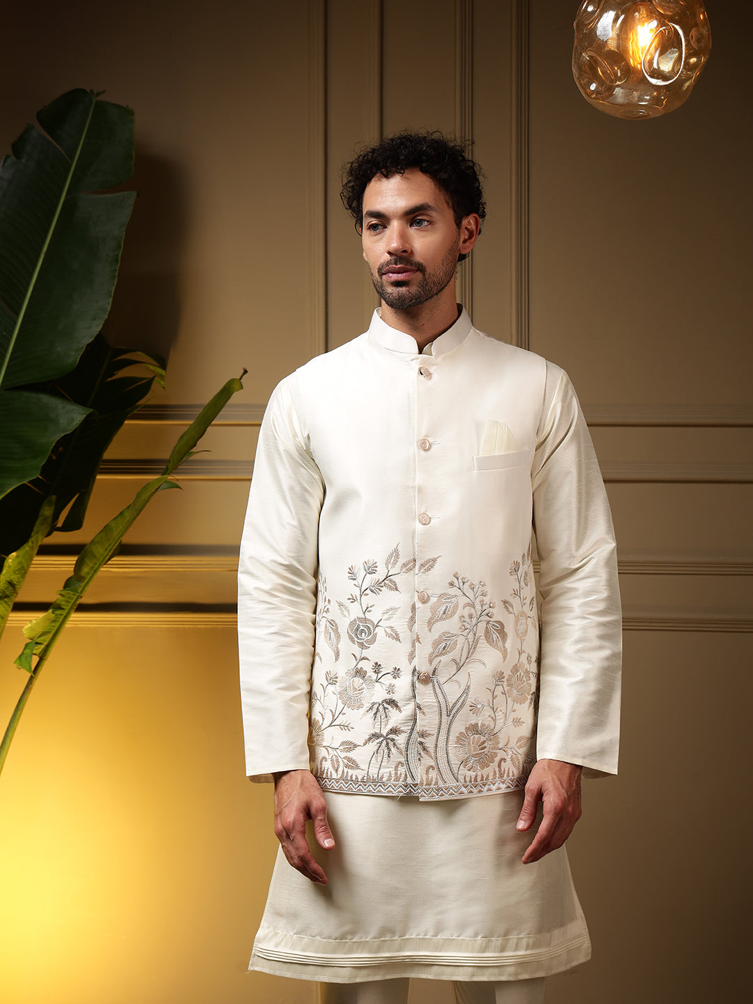 Men's Peach Slub Silk Embroidered Kurta Set with Koti