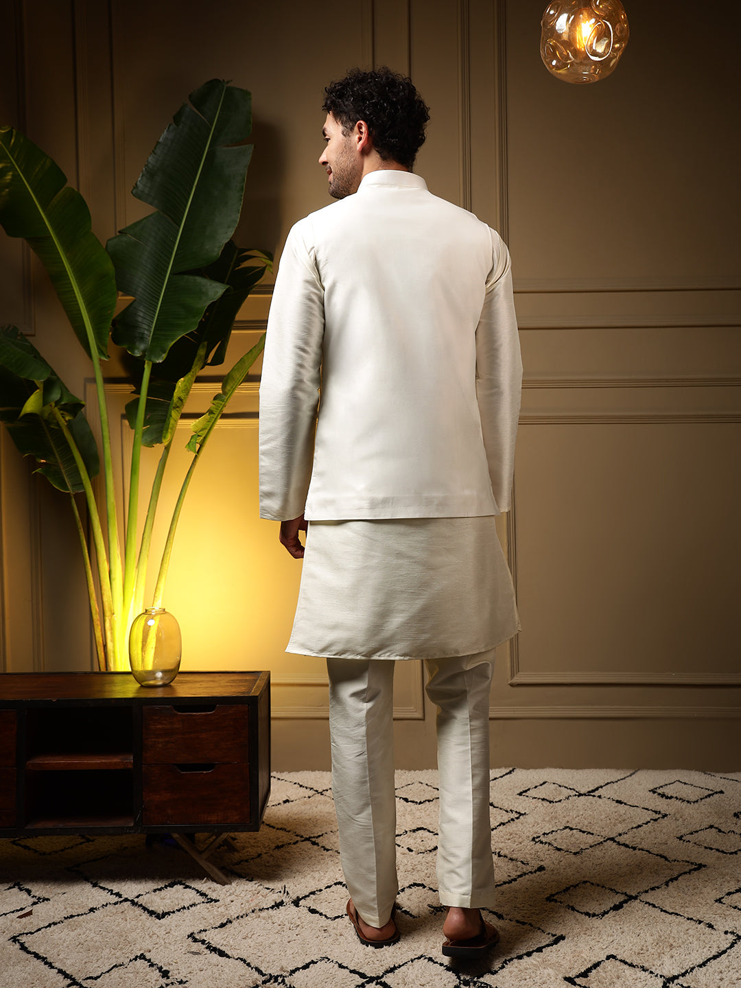 Men's Peach Slub Silk Embroidered Kurta Set with Koti