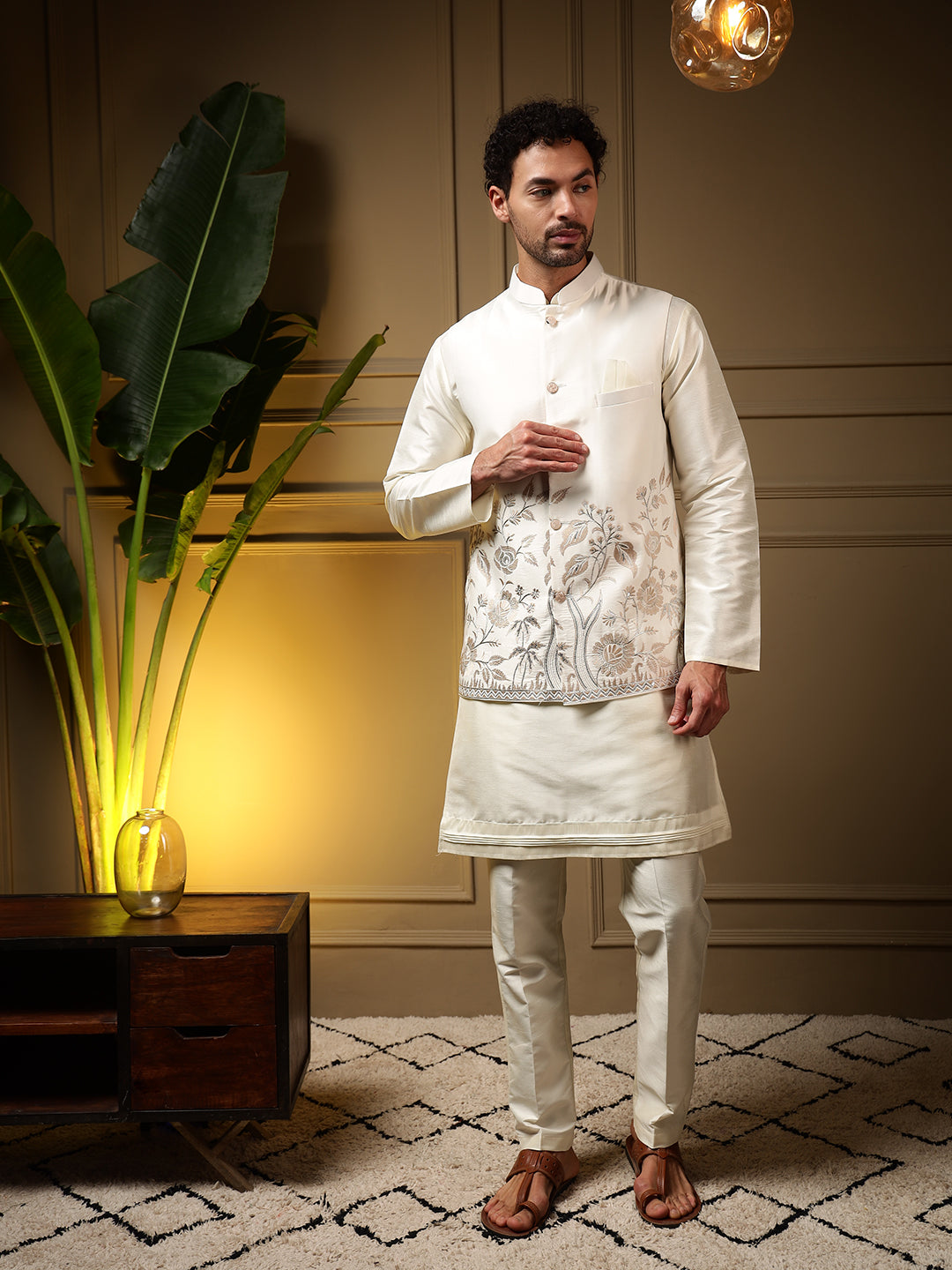 Men's peach slub silk straight kurta with matching koti