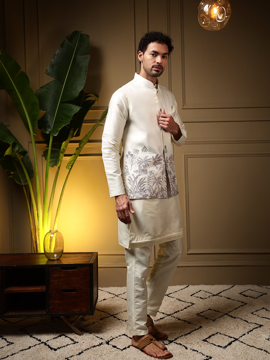 Purple slub silk kurta for men with sequins embroidery and matching koti waistcoat.