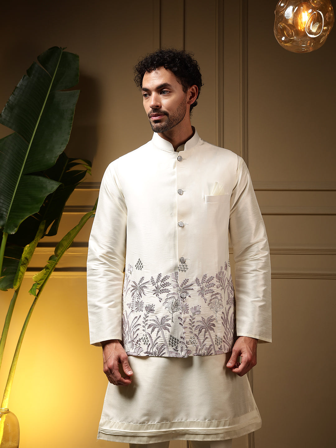 Men's Purple Slub Silk Sequins Embroidered Kurta Set with Koti